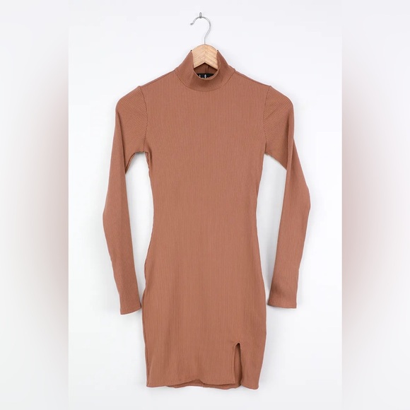 Lulus Sweet Season Tan Ribbed Mock Neck Bodycon Mini Dress Long Sleeve XS NWT - Picture 4 of 11